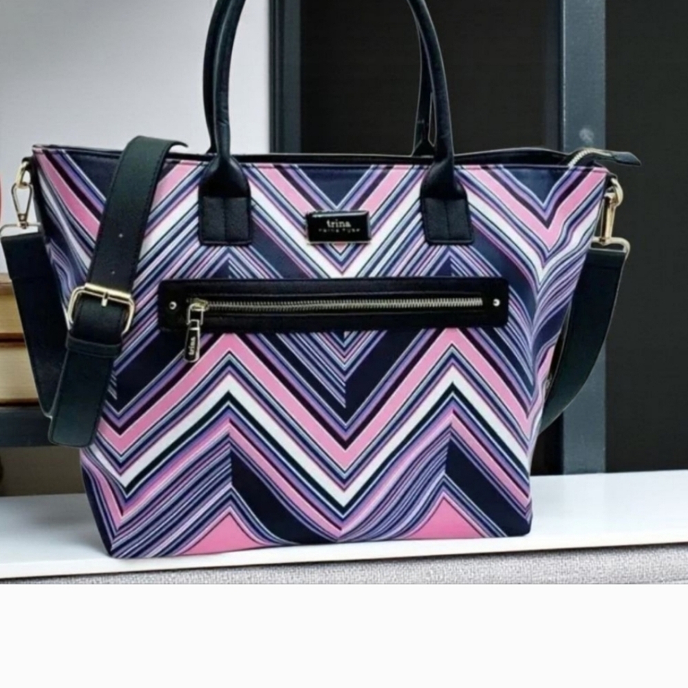 Trina Turk Pink and Navy Chevron Tote, NWOT, Never Used.